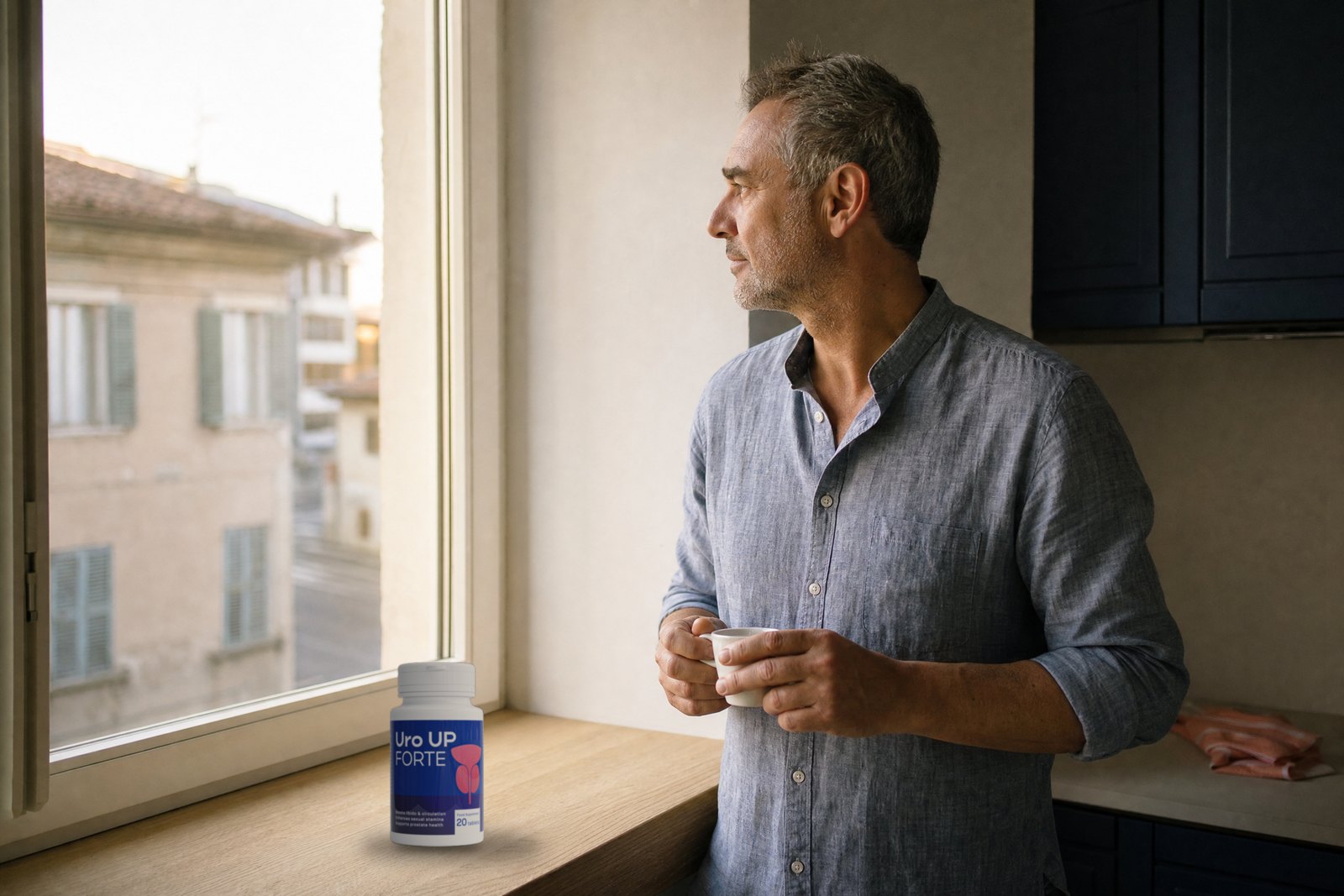 Hombre de 50 años en la cocina por la mañana con el frasco de Uro UP Forte