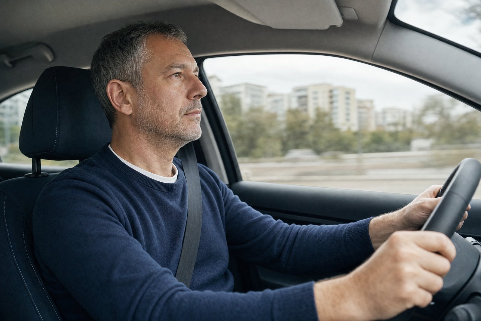 Hombre al volante durante toda la jornada de trabajo, sin molestia en el perineo